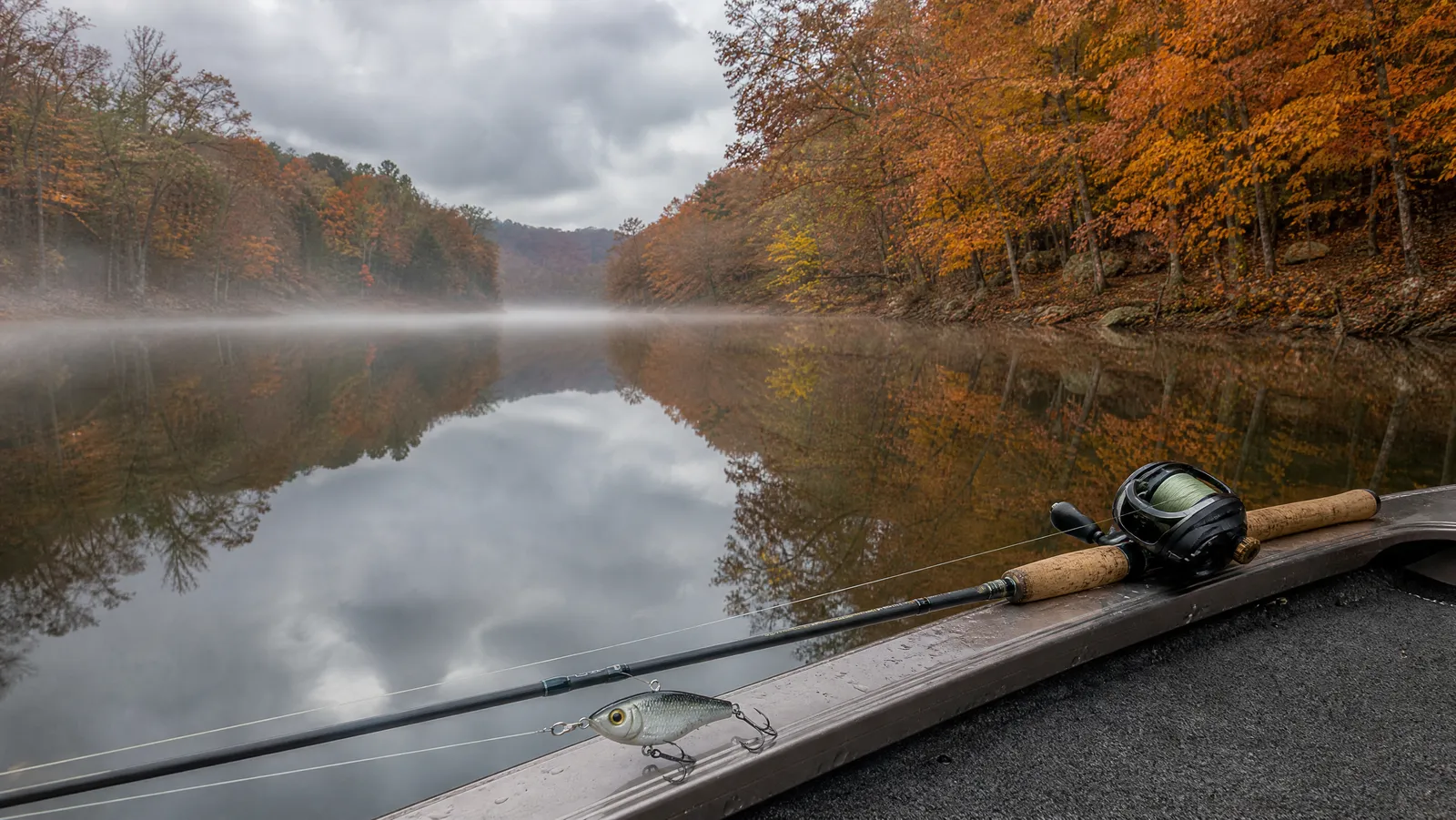 Quiet creek arm with autumn foliage reflected on calm water and a fishing rod in the foreground