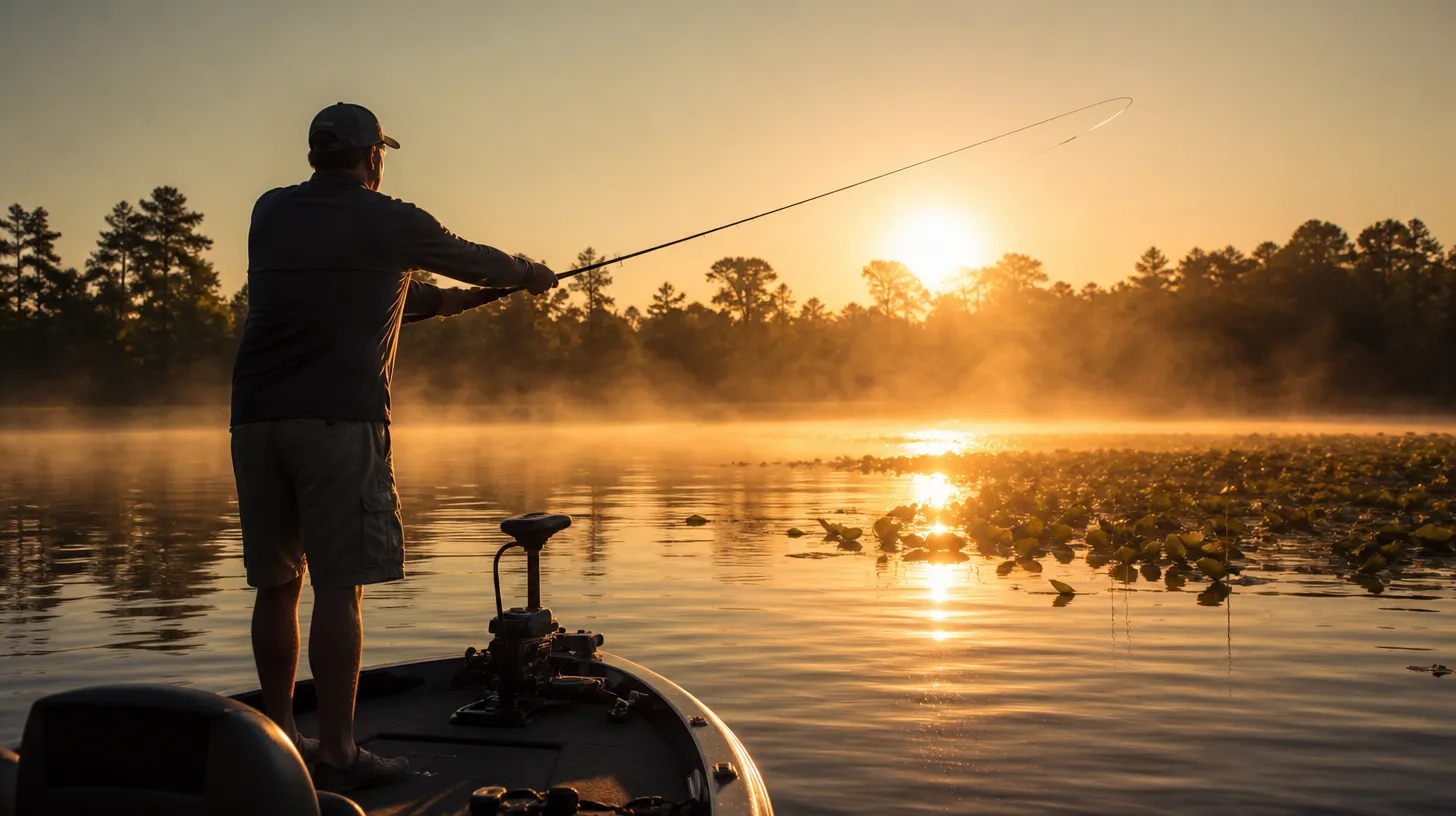 Angler casting toward lily pads at sunrise on a calm summer bass lake