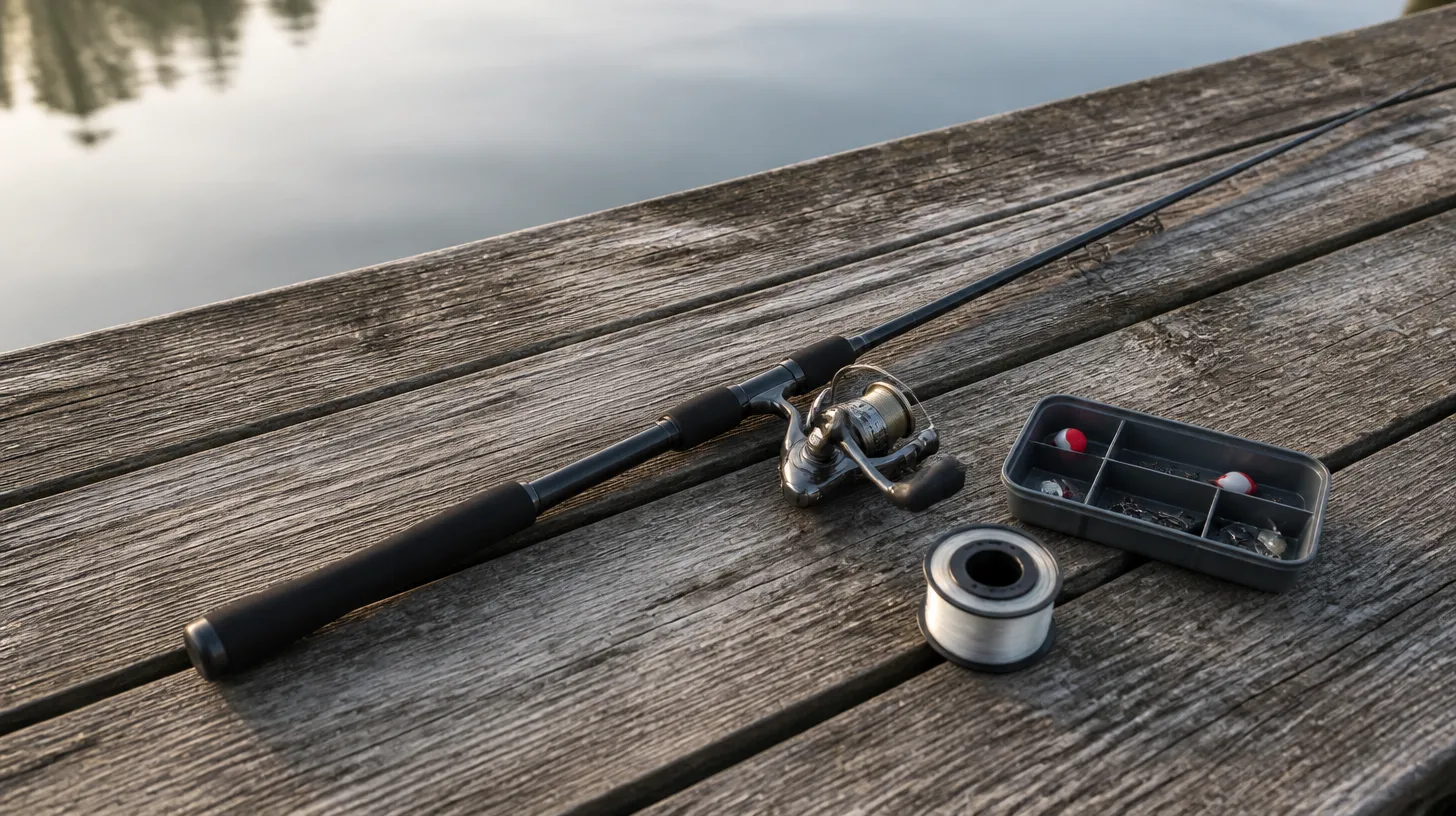 A simple beginner spinning rod and reel resting on a weathered wooden dock beside calm water in morning light, with a small open tackle tray of hooks and bobbers and a spool of monofilament line