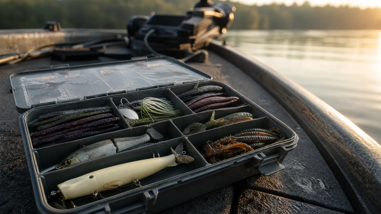 Open tackle box full of bass lures on the bow of a bass boat at golden hour