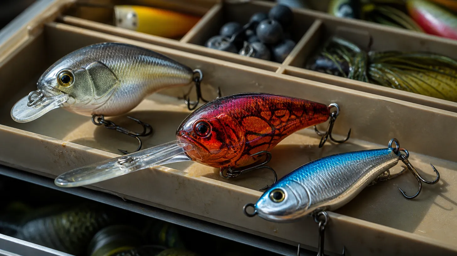 Squarebill, deep diving and lipless crankbaits in an open tackle box tray