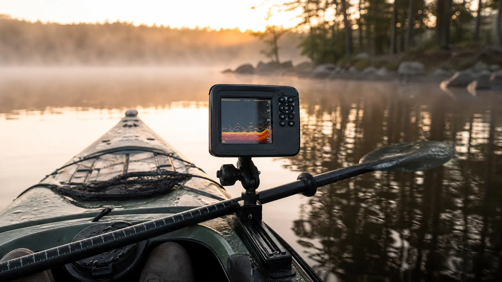 Compact fish finder mounted on a fishing kayak deck at dawn with mist on the far shoreline