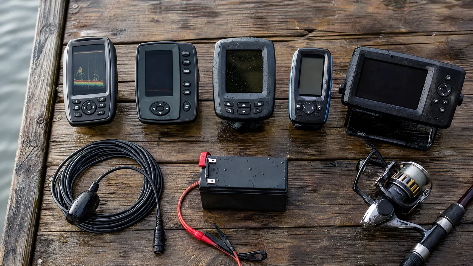 Several compact budget fish finder units laid out on weathered dock boards with a transducer cable and battery pack