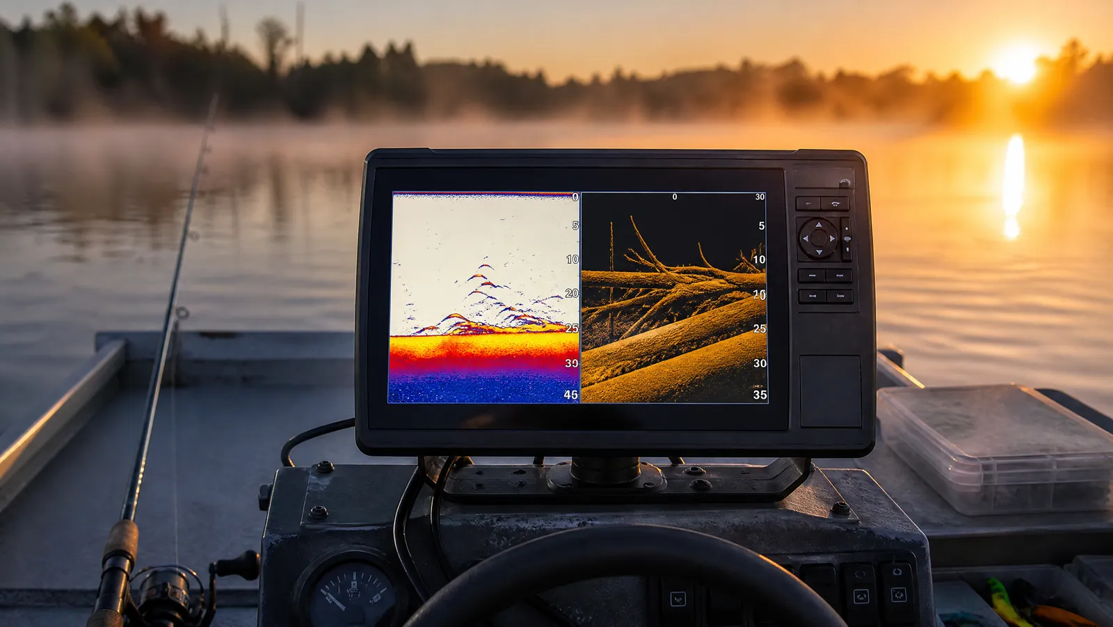 Fish finder screen glowing with split-screen CHIRP sonar and scanning sonar on a boat console at sunrise
