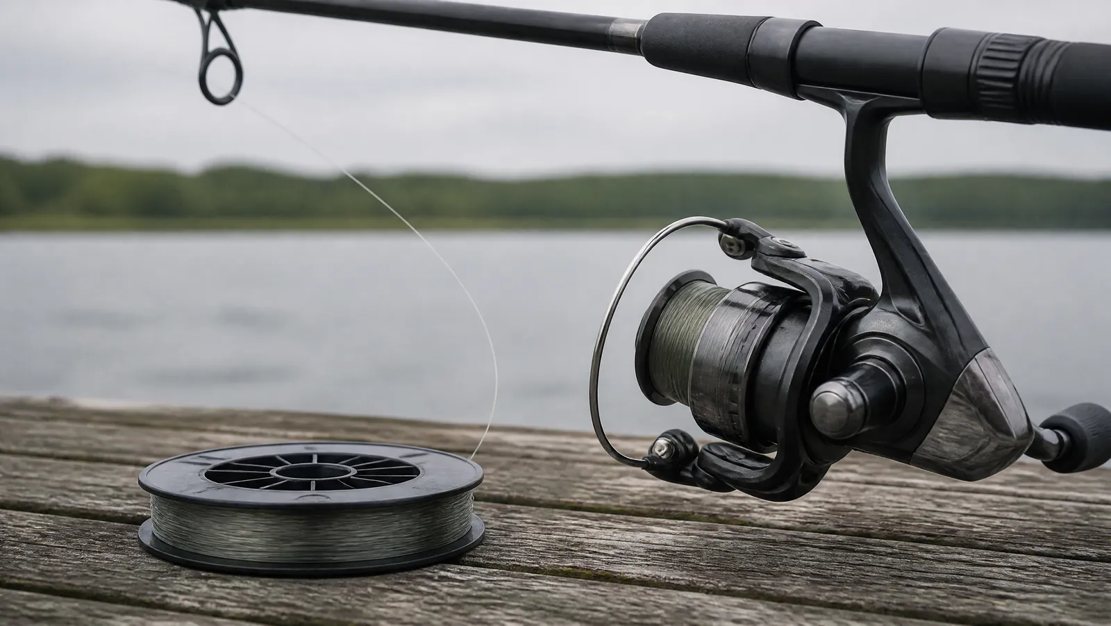 A spinning reel with the bail open being spooled with fresh line from a supply spool on a dock