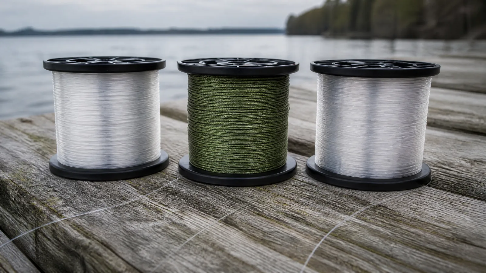 Spools of monofilament, braided and fluorocarbon fishing line standing on weathered dock boards beside a lake