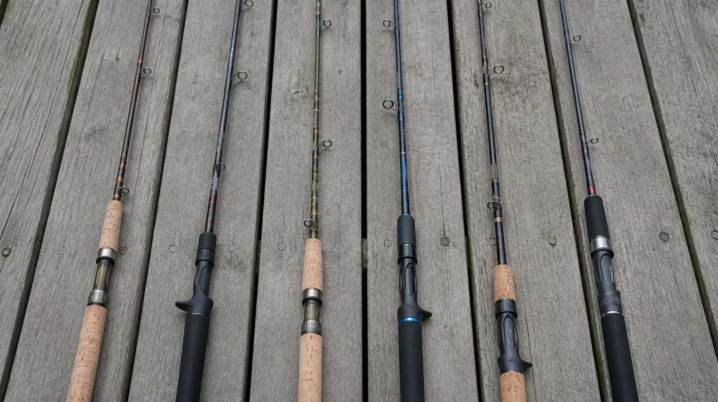 Six fishing rods laid side by side on weathered grey dock boards and photographed from above, their handles aligned and blanks fanning apart, ranging from a short cork-handled light rod to a heavy one-piece casting rod