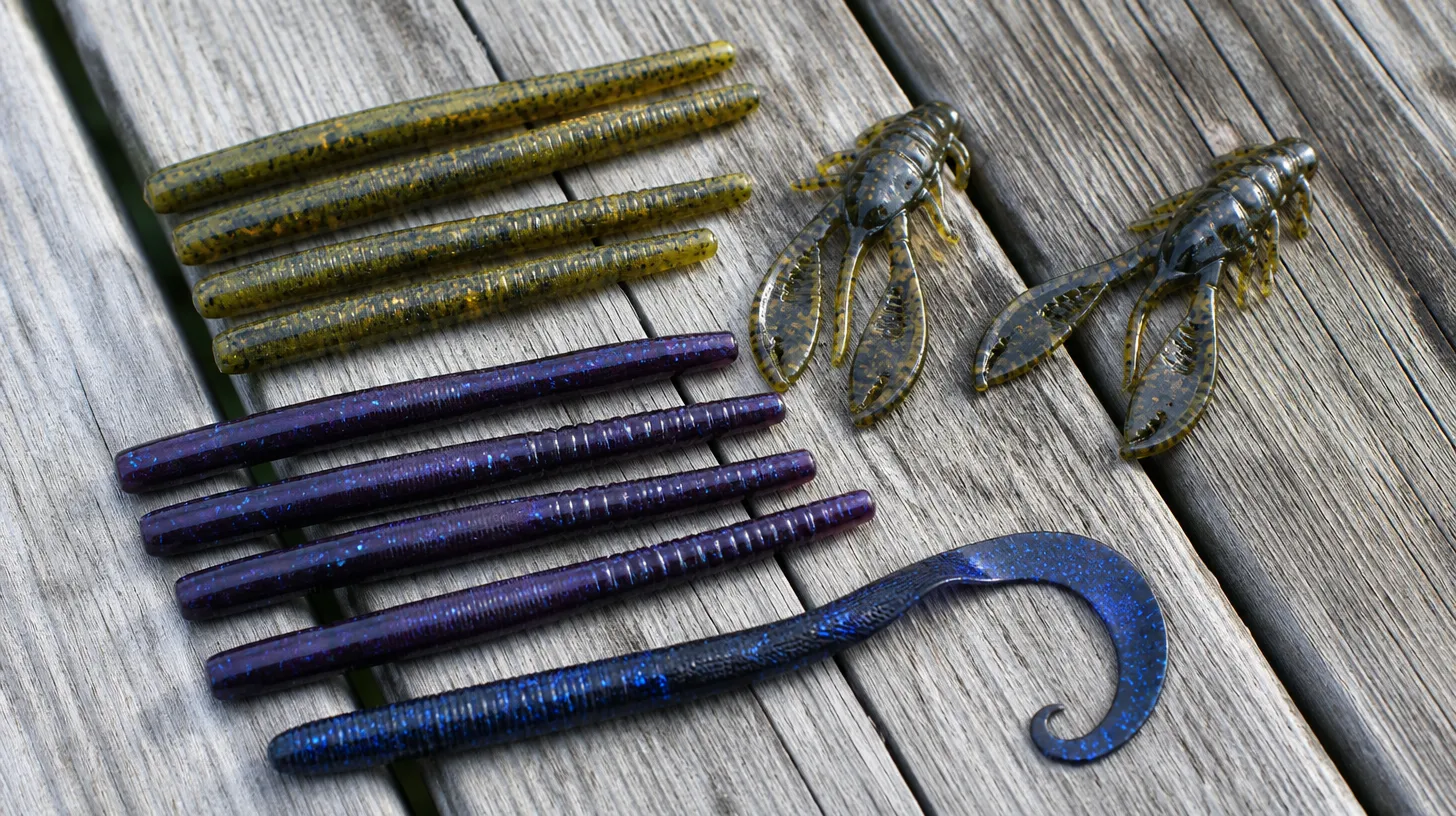 Assorted soft plastic bass lures including stick worms, ribbon tail worms and craw baits on a wooden dock