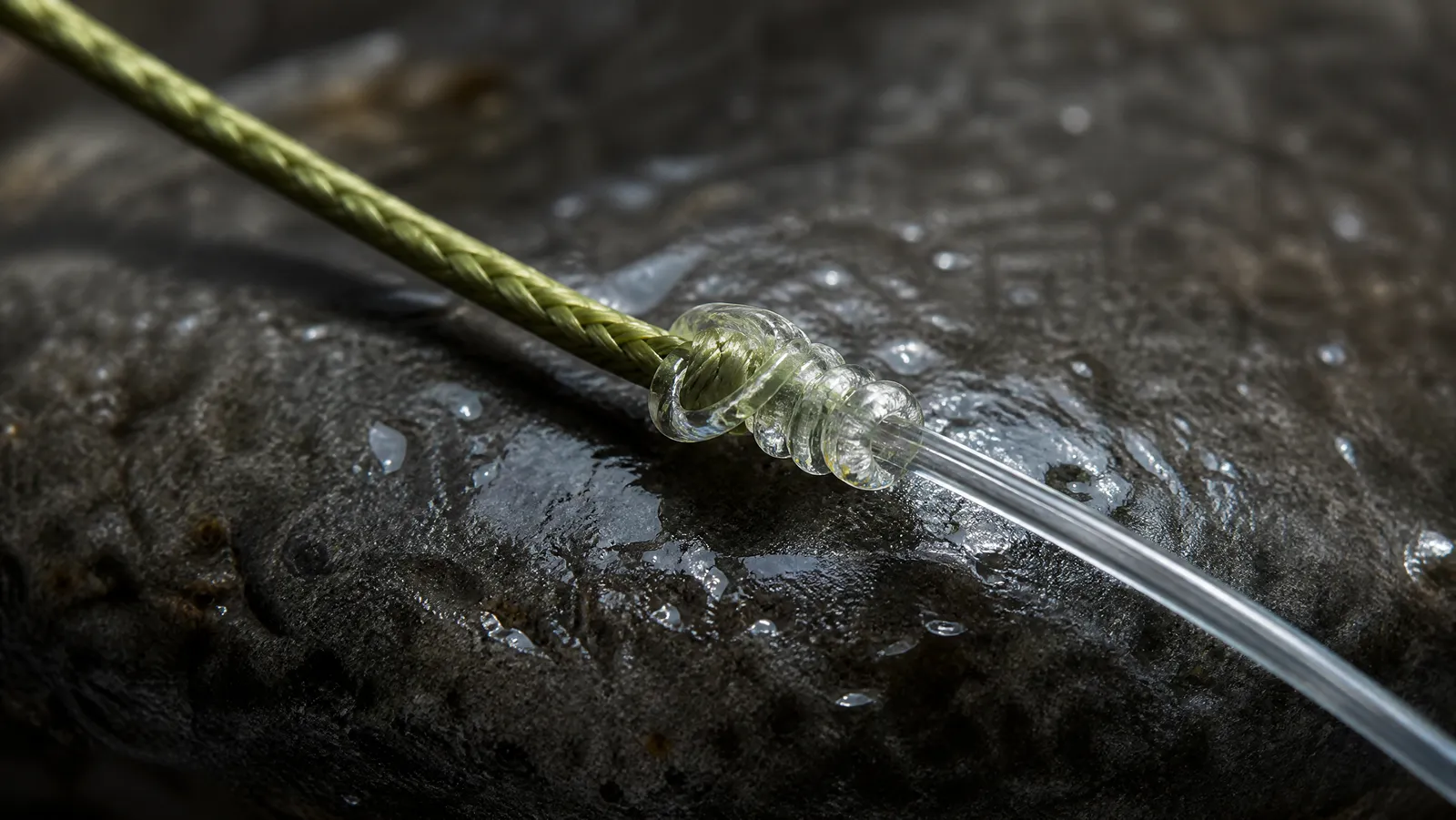 Macro view of low-visibility green braided fishing line knotted to a clear fluorocarbon leader