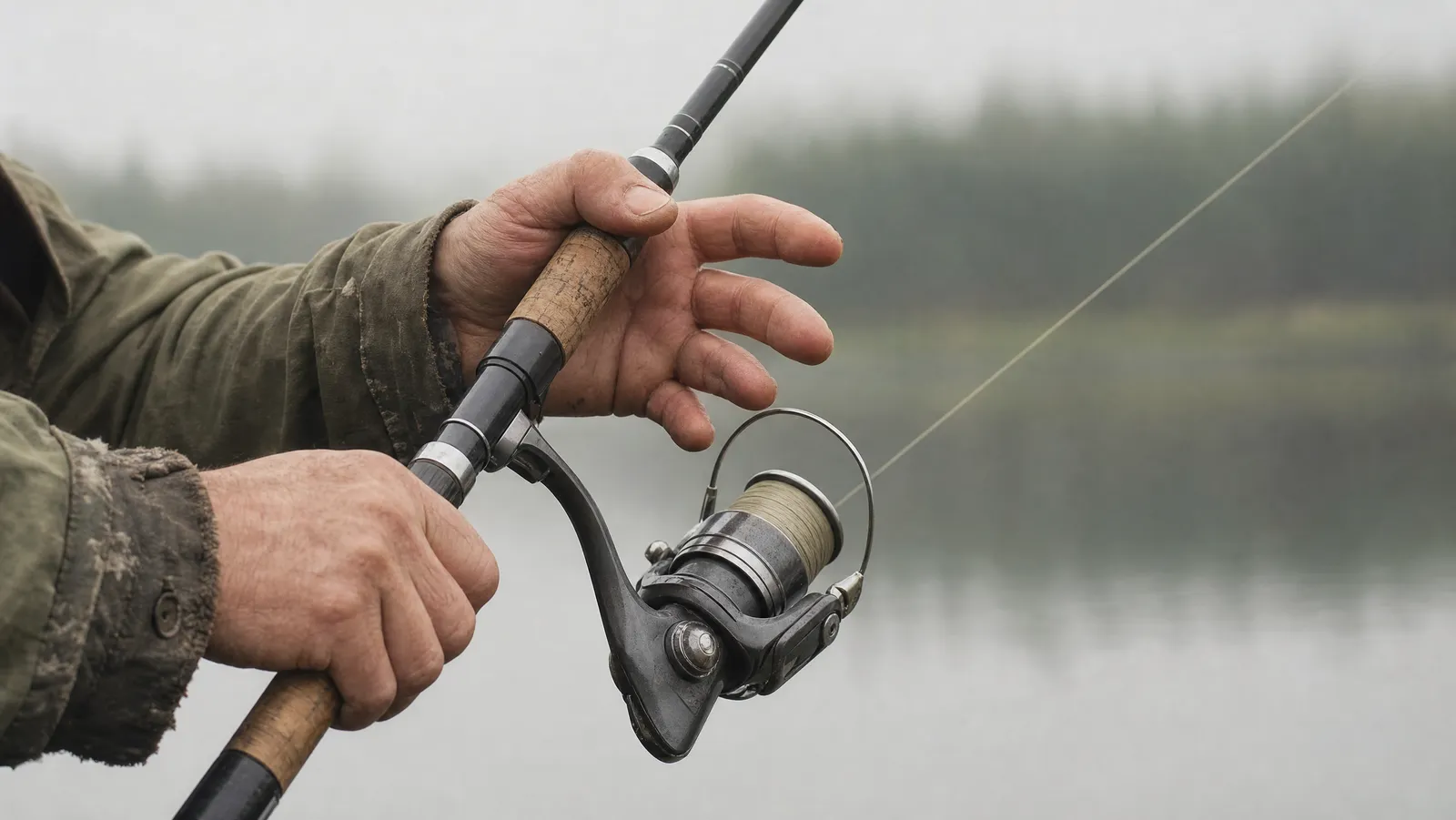 An angler's hands on a spinning rod at the moment of release, index finger lifted clear of the line with the bail standing open and line streaming away across a misty lake