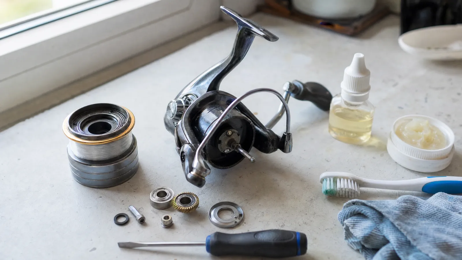 A spinning reel partly stripped for service on a workbench, spool lifted off beside the body with reel oil, grease and a soft brush laid out
