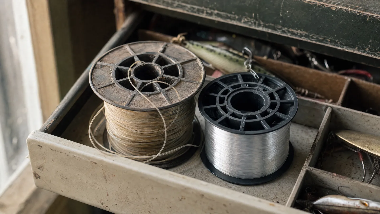 A yellowed spool of old monofilament holding stiff coils sits beside a fresh clear spool in an open tackle drawer