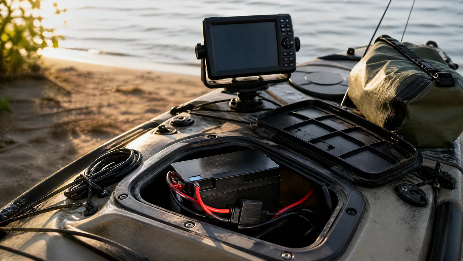 Compact 12-volt lithium battery with pigtail leads and an inline fuse in the open hatch of a fishing kayak
