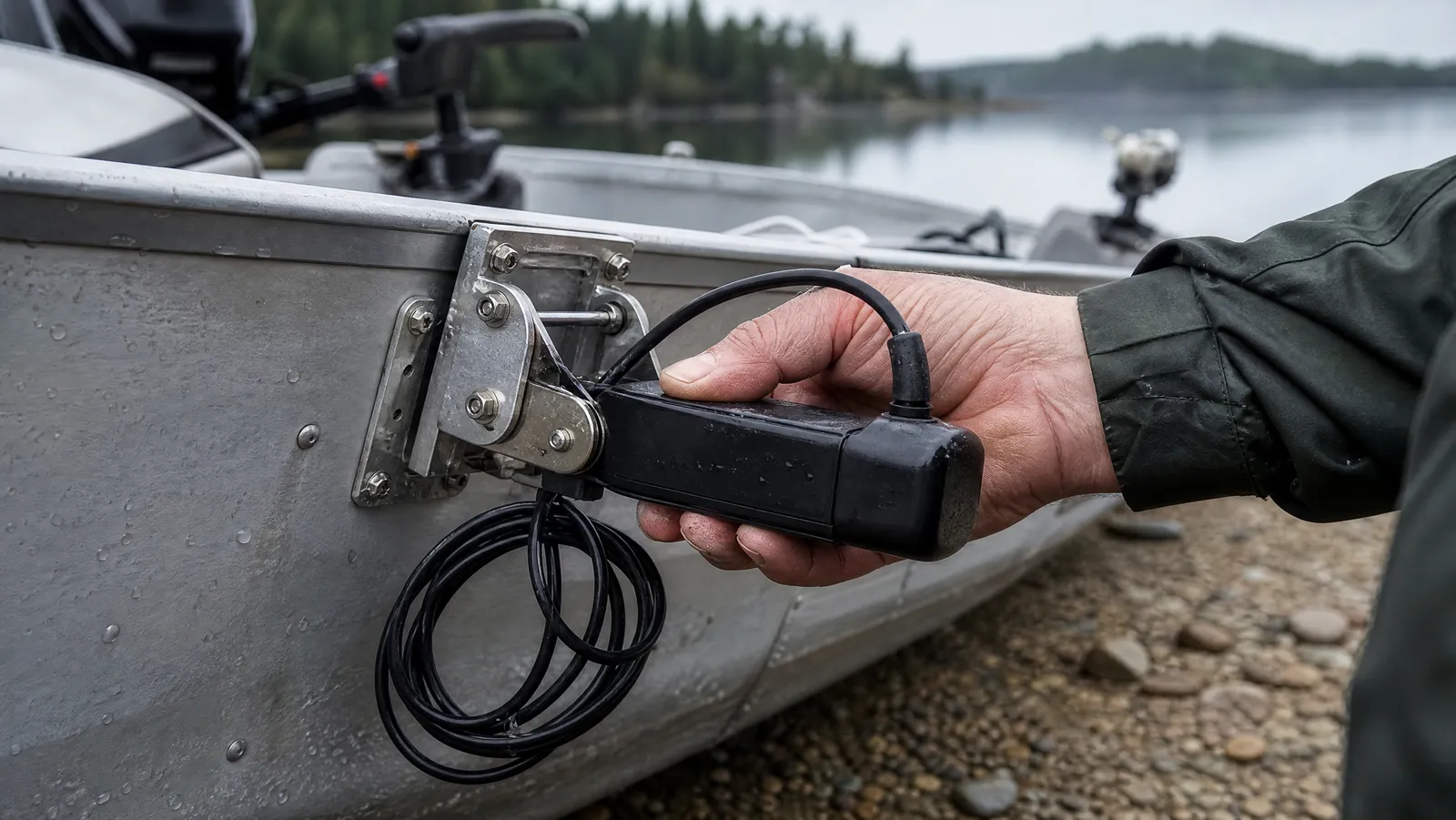 Angler holding a black transom-mount sonar transducer on its bracket beside an aluminum boat transom