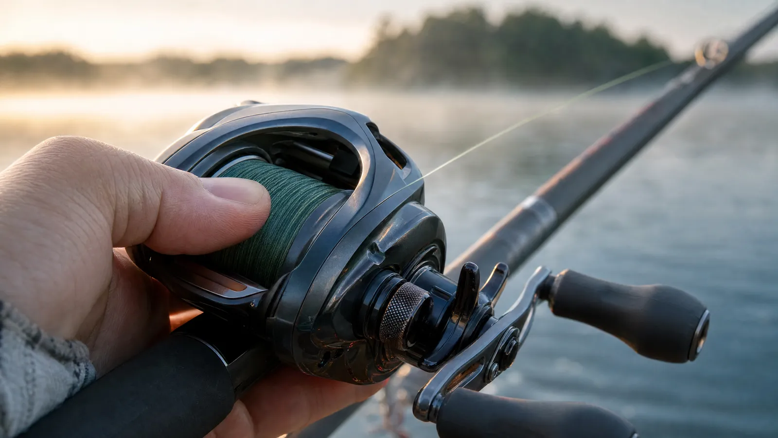 A low-profile baitcasting reel mounted on a rod with the angler's thumb resting on the spool and line running out toward open water