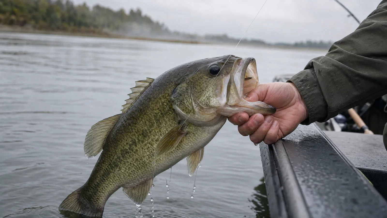 A largemouth bass lipped boatside at the gunwale with the line still running tight from its jaw up to a bent rod
