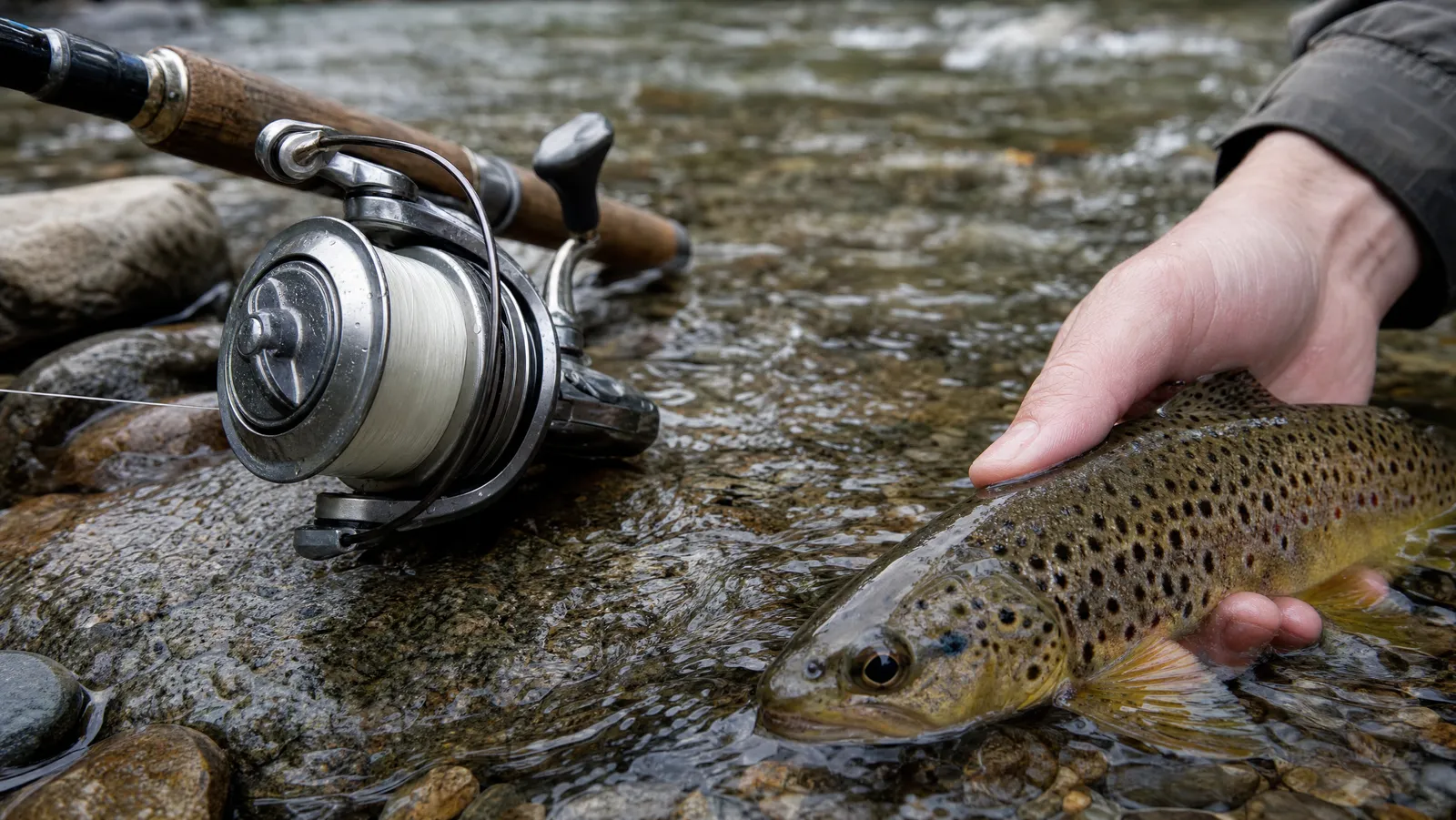 A spinning reel spooled with light clear line rests on wet river rock beside a brown trout held half in the water of a shallow stream