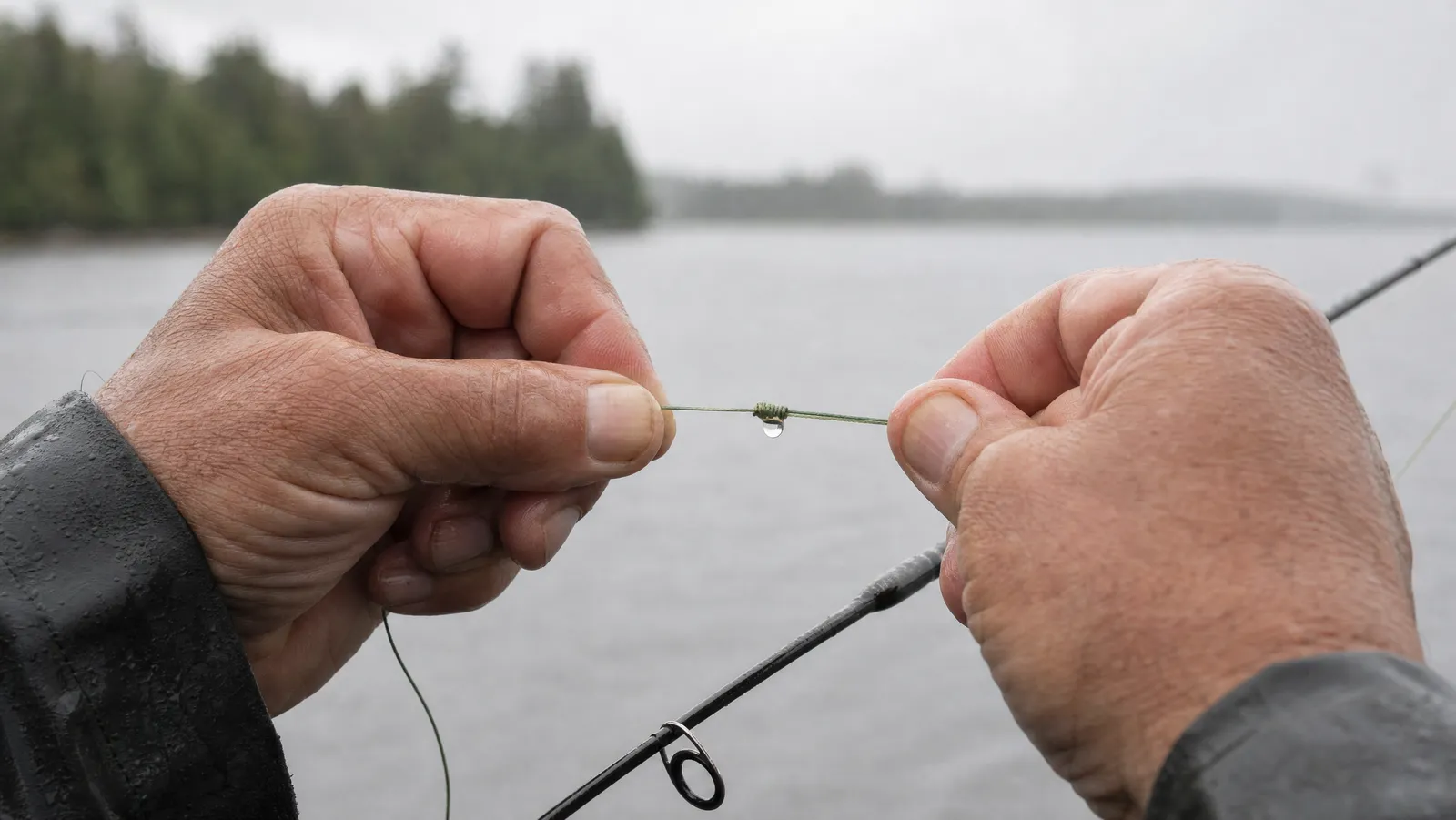 Close view of an angler's wet hands drawing a knot tight in green braided line, a blurred lake shoreline behind them