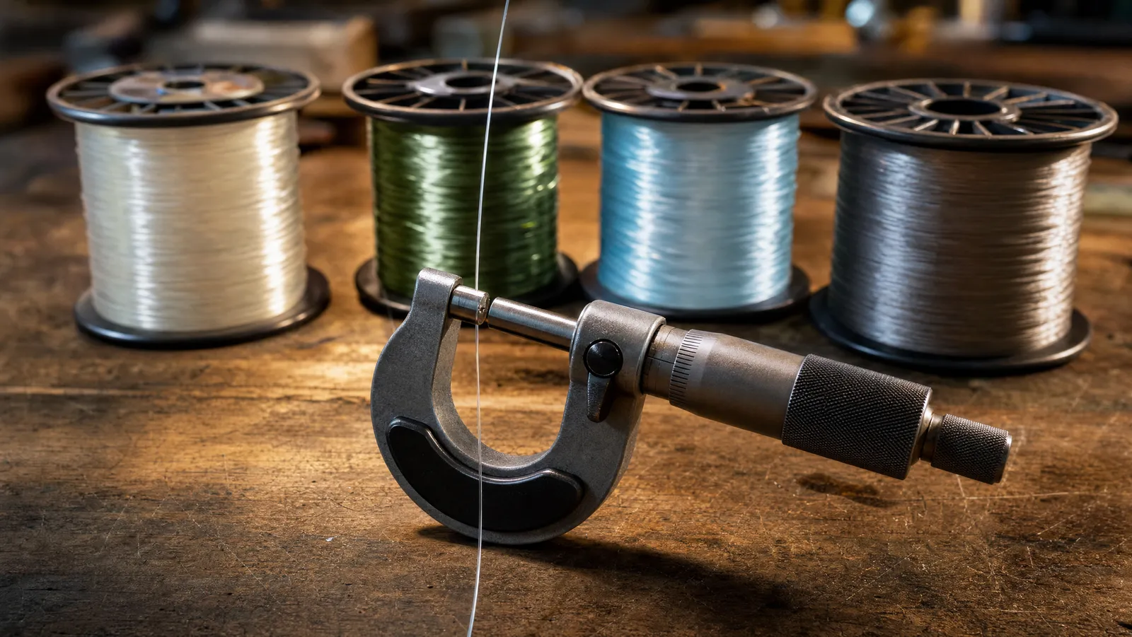 A micrometer gauge closed on a single strand of clear monofilament, with four line spools standing behind it on a scarred wooden workbench