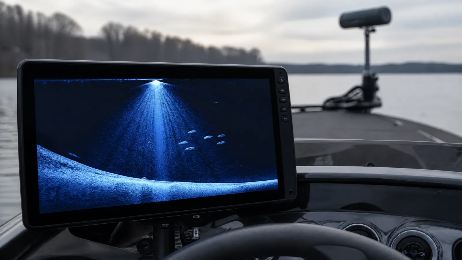 Bass boat console display showing a live forward-looking sonar view with suspended fish targets