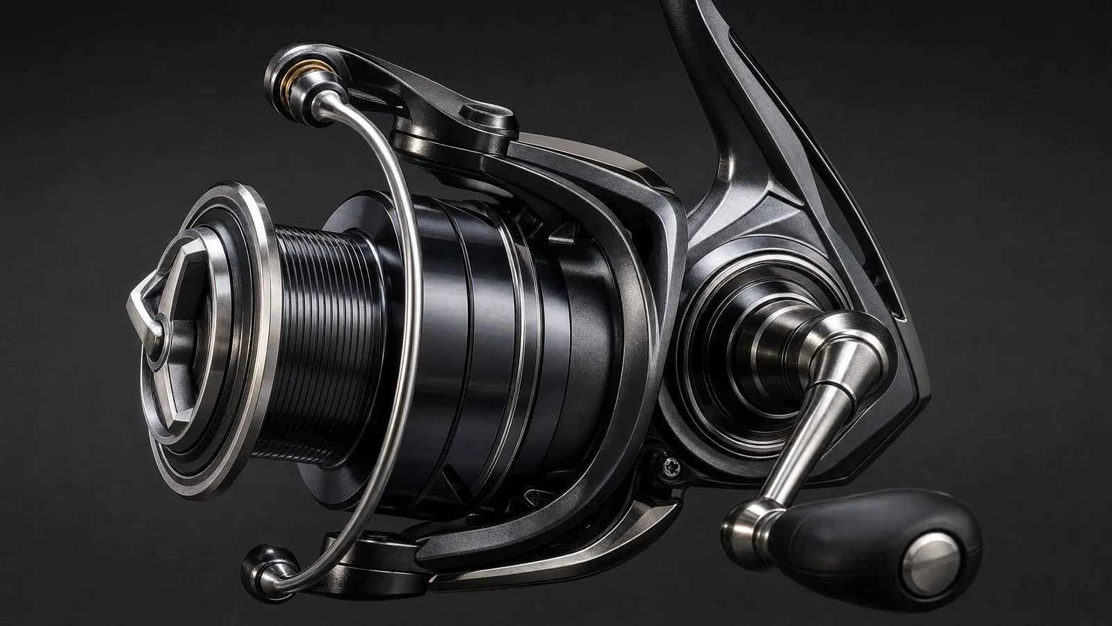 Close-up of a spinning reel from the side with the bail open, showing the rotor, line roller, drag knob and handle against a dark background