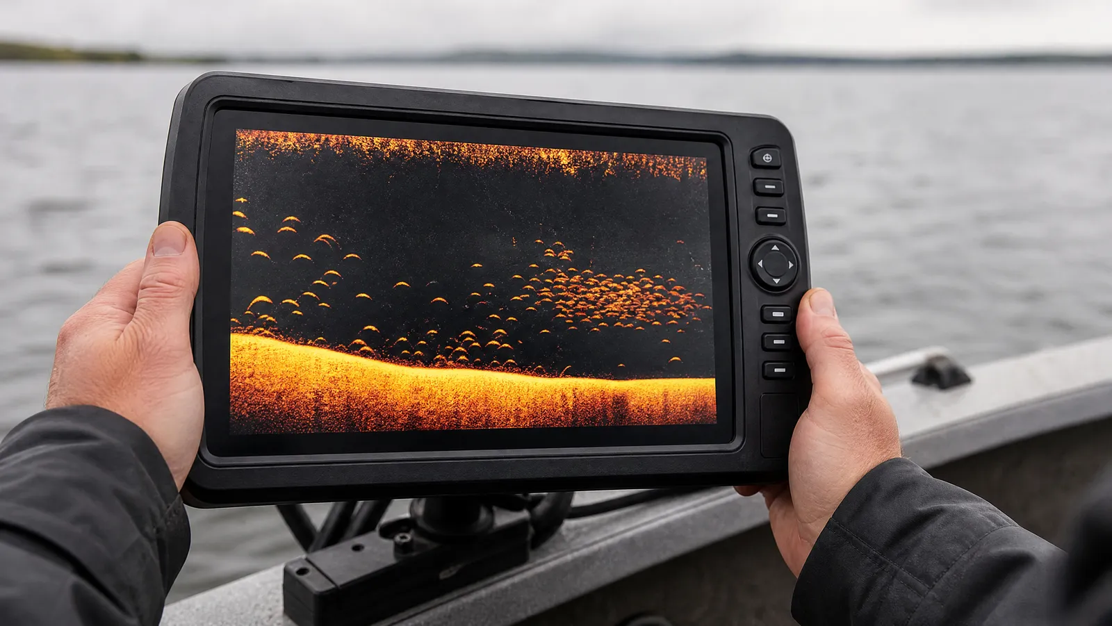 Close-up of a fish finder screen showing fish arches, a bait ball and a hard bottom line