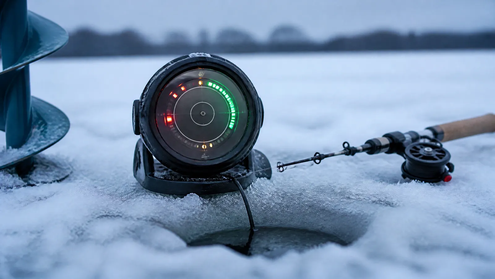 Circular flasher sonar unit glowing on packed snow beside a drilled ice hole with the transducer cable in the water