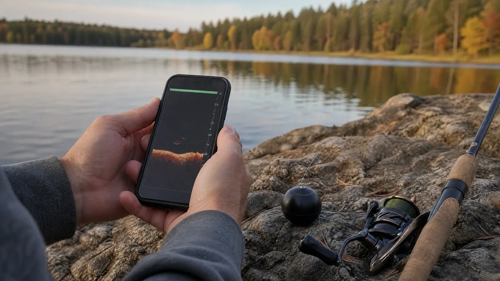 Angler on a rocky shoreline holding a phone sonar readout beside a castable sonar float and spinning rod