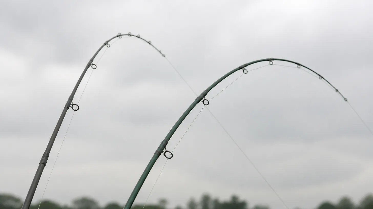 Two fishing rods held under load side by side against an overcast sky, the left bending sharply near its tip and the right bending in a deep even curve through its middle, with taut line angling out of frame
