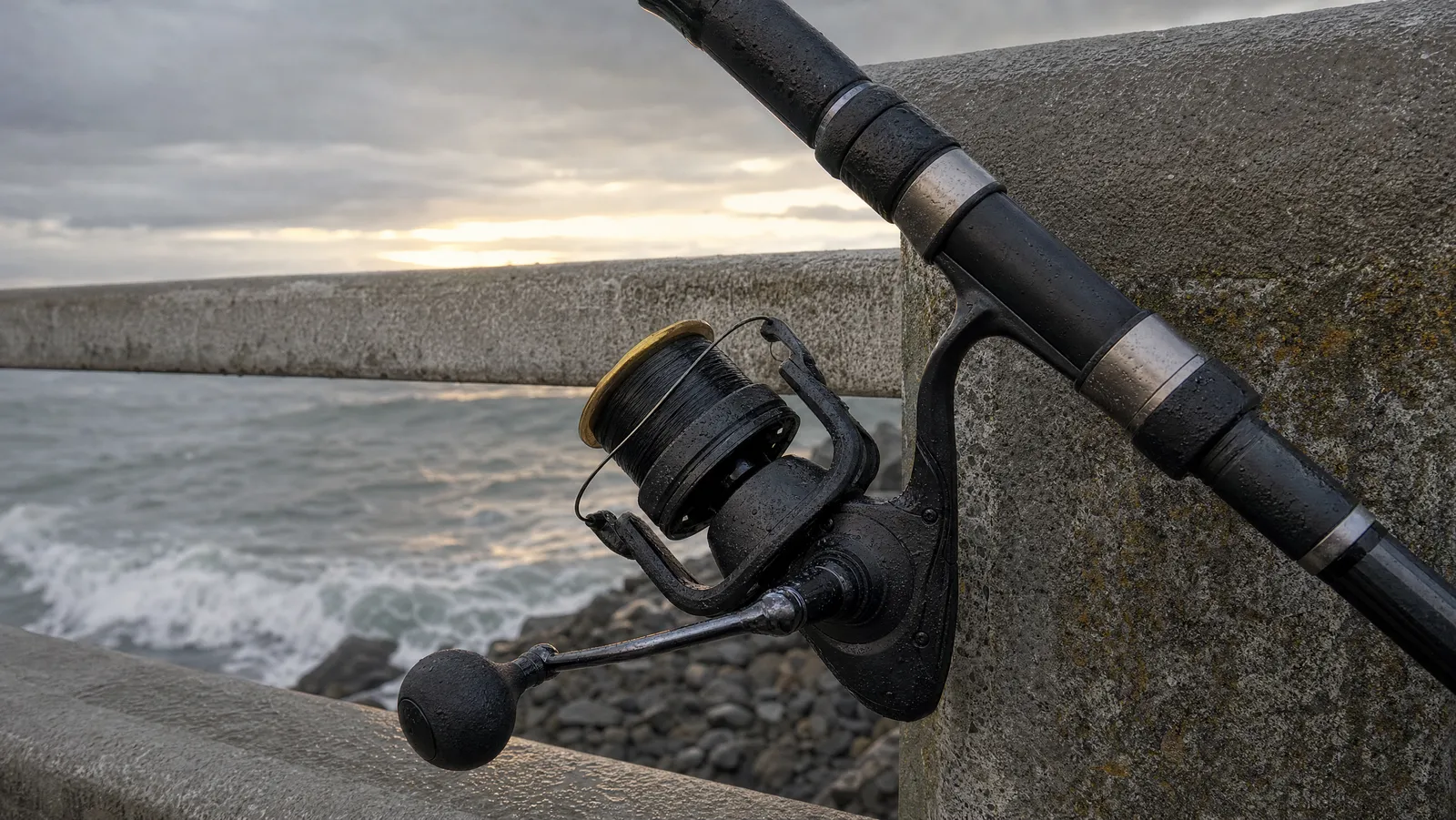A large black saltwater spinning reel with a gold-rimmed spool mounted on a surf rod braced against a weathered concrete jetty wall, with surf breaking over rocks below at dusk