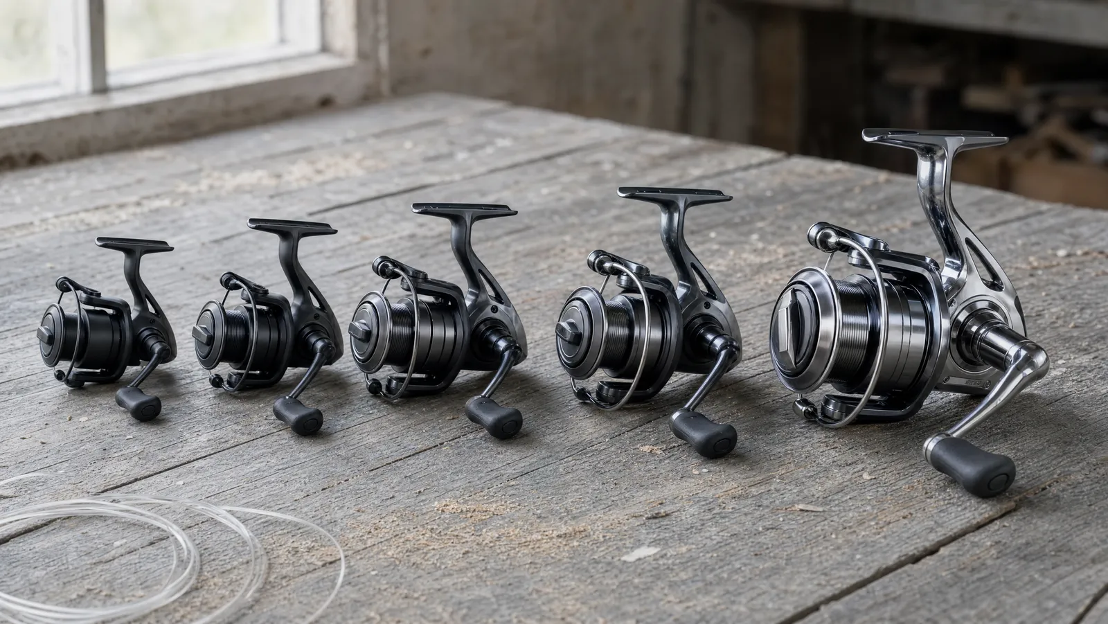 Five spinning reels lined up on a weathered workbench in ascending size and finish, from a small matte-black graphite reel to a large polished aluminium one, with a coil of monofilament beside them