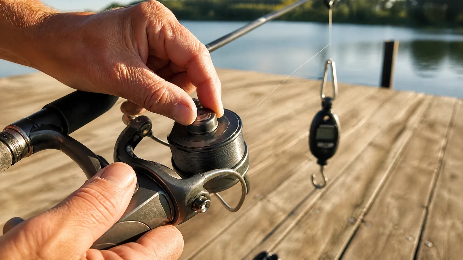 Hands adjusting the front drag knob on a spinning reel on a sunlit dock, with a small digital scale hanging from the taut line