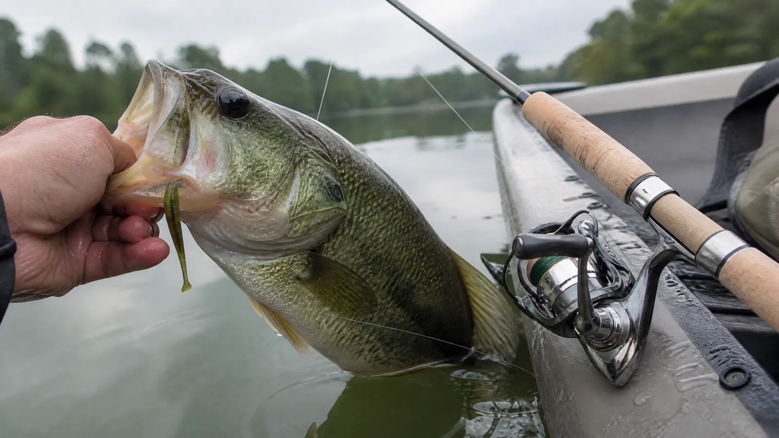 A largemouth bass held boatside with a small soft-plastic finesse lure in its lip and a light spinning rod resting on the gunwale