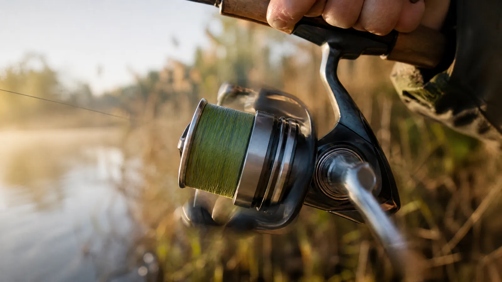 Close-up of a spinning reel handle caught mid-turn, with the rotor winding thin braided line onto a full spool