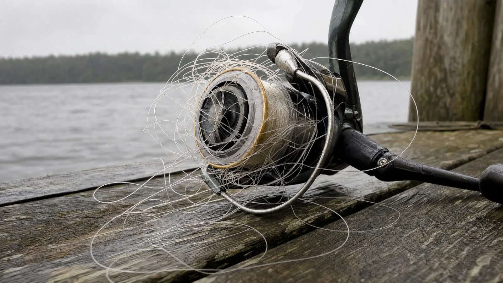 A spinning reel on a damp wooden dock with loose coils of monofilament and a wind knot spilling off the spool and over the bail
