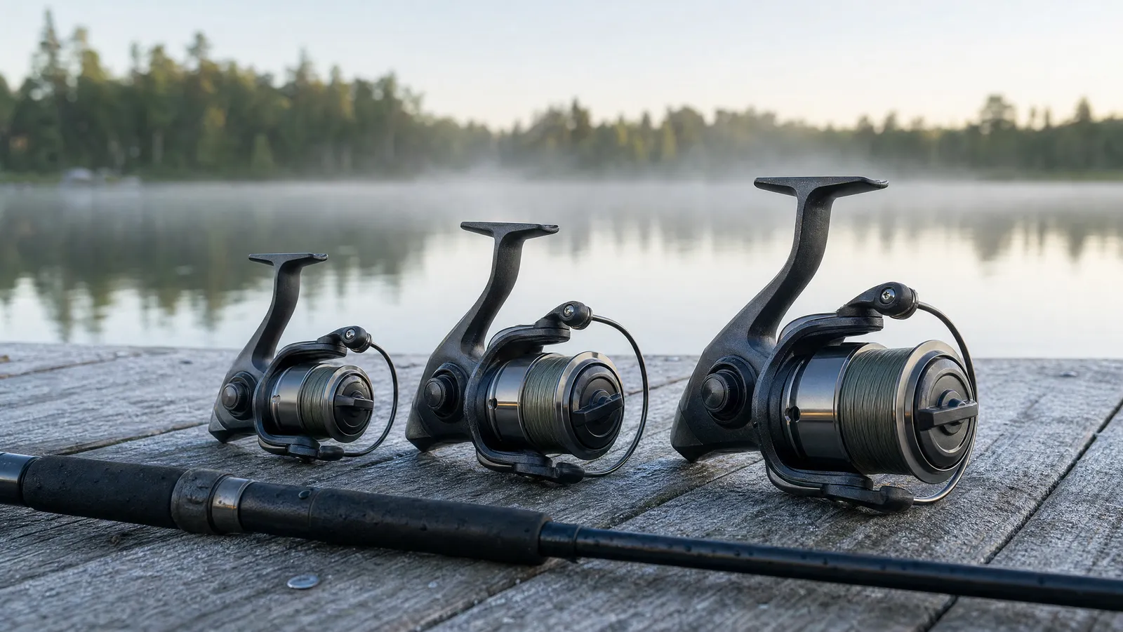 Three spinning reels of different sizes lined up on weathered dock boards beside a rod butt at dawn, with a calm lake behind them