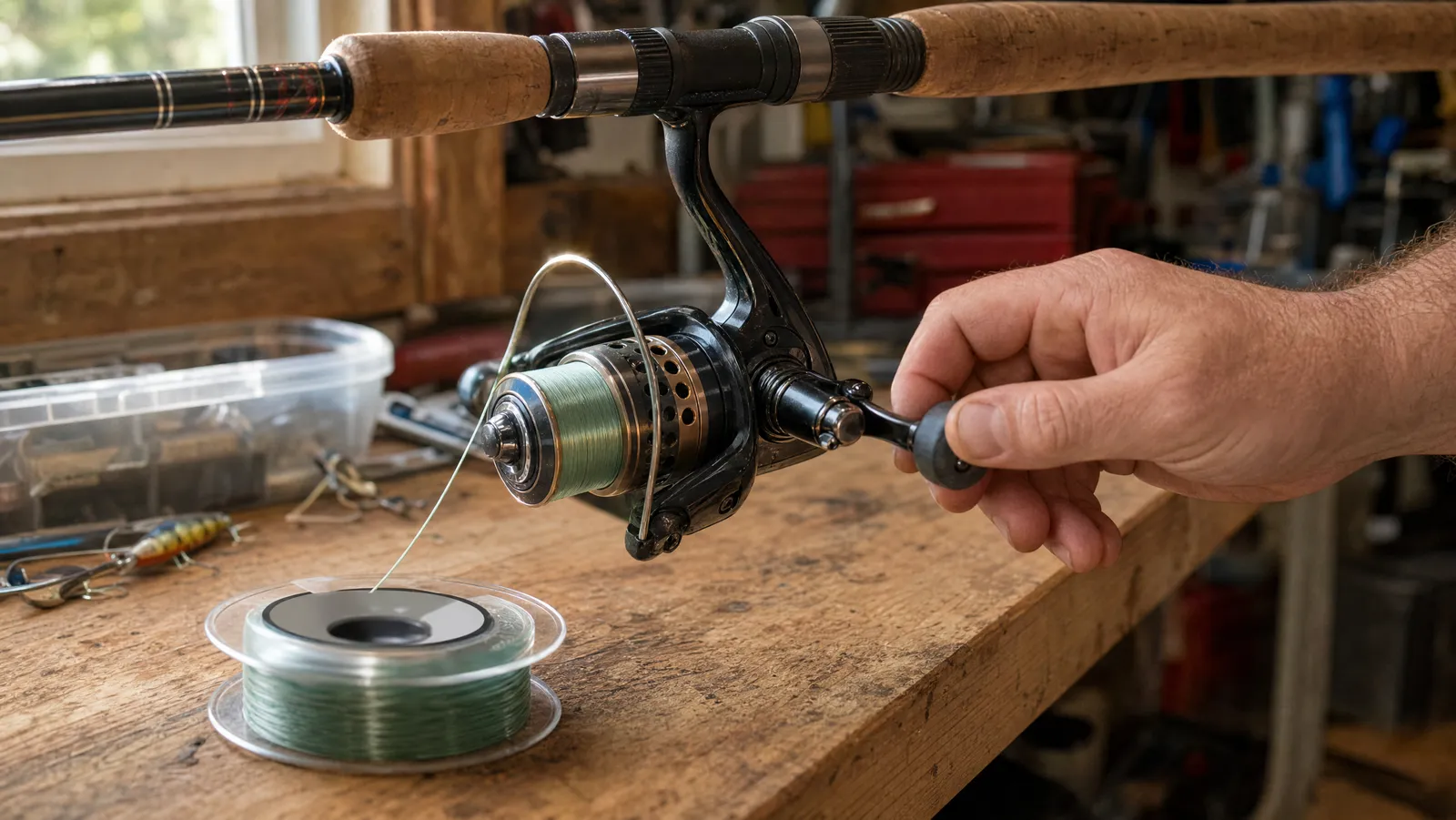 A spinning reel mounted on a rod being filled with fresh line that feeds up from a filler spool lying flat on a workbench, label facing the ceiling
