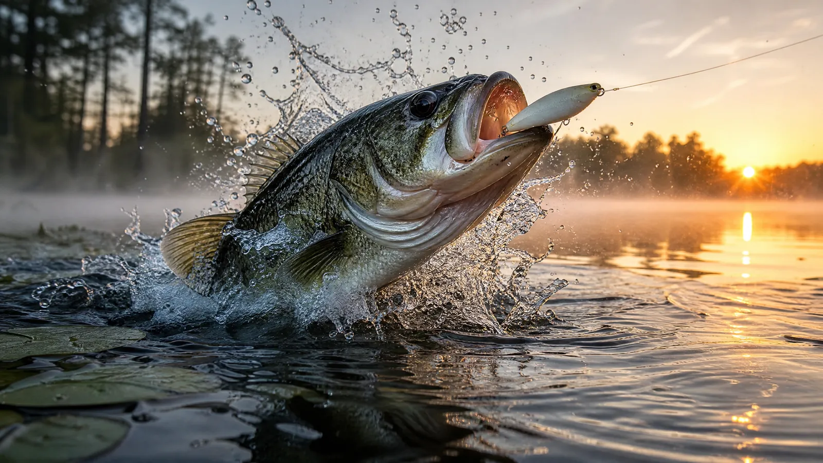 Largemouth bass striking a topwater walking lure at dawn