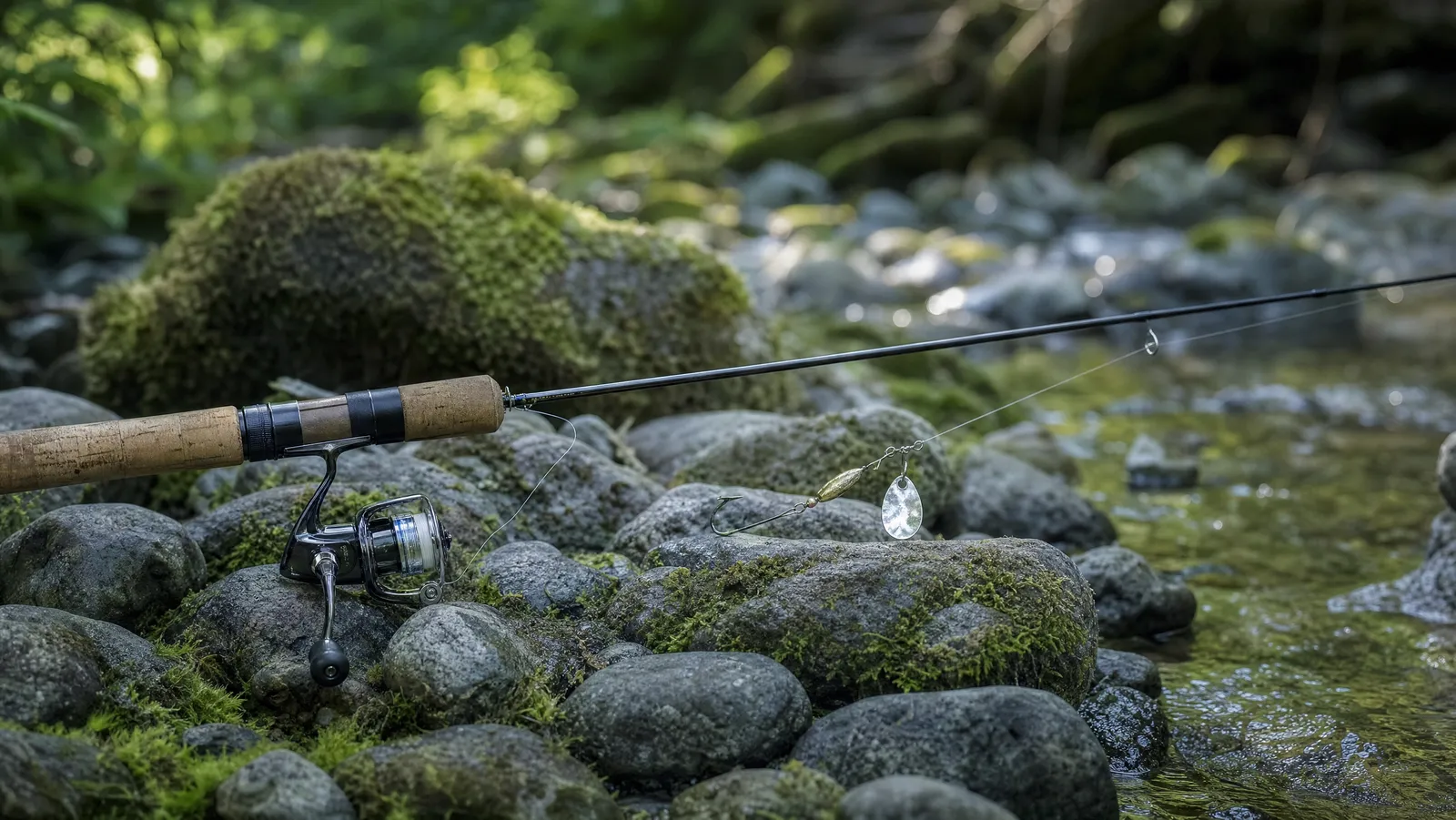 A compact ultralight spinning reel on a slim rod resting on mossy river stones beside clear shallow water with a tiny inline spinner
