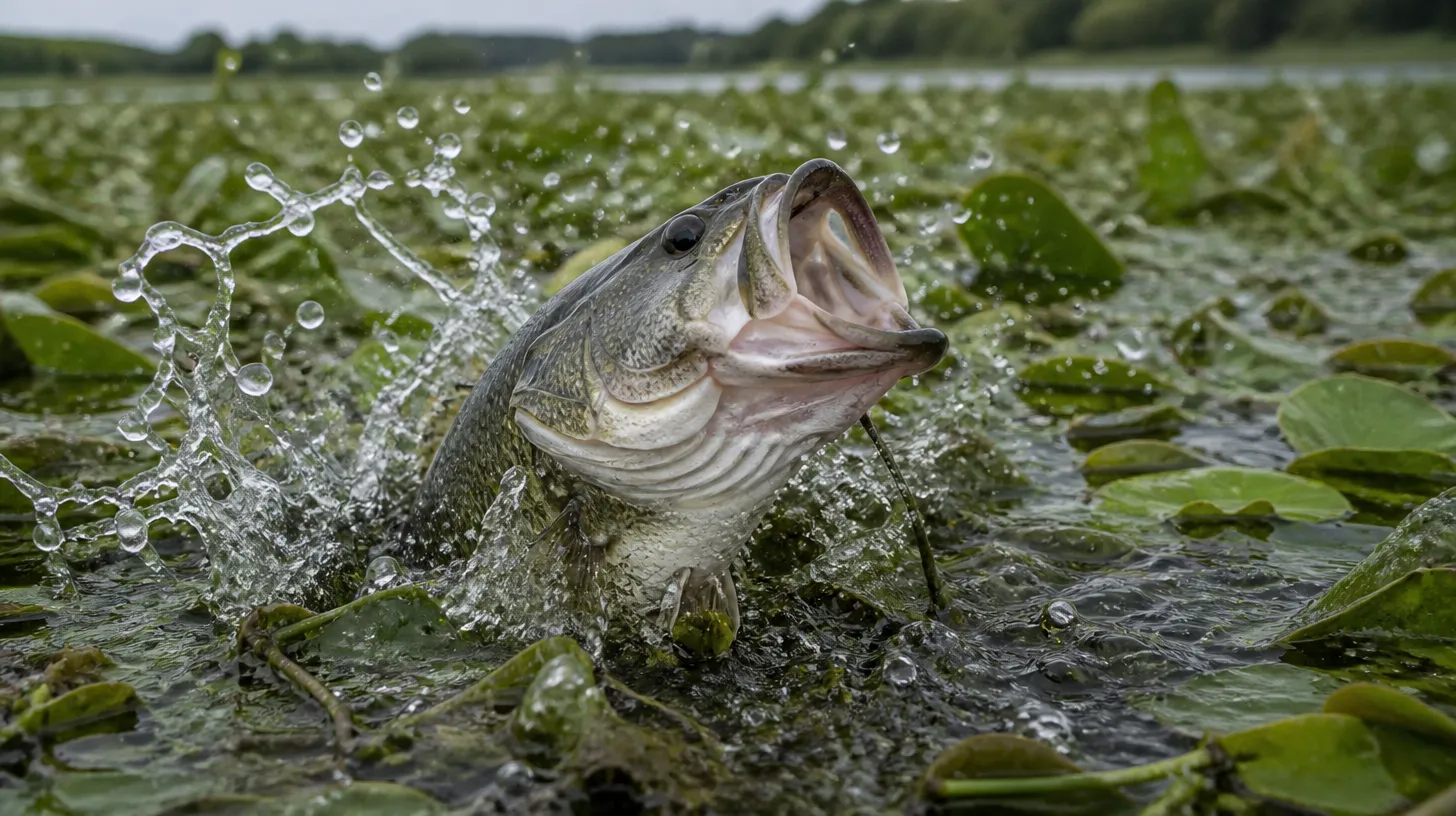 Largemouth bass bursting through matted lily pads and surface grass
